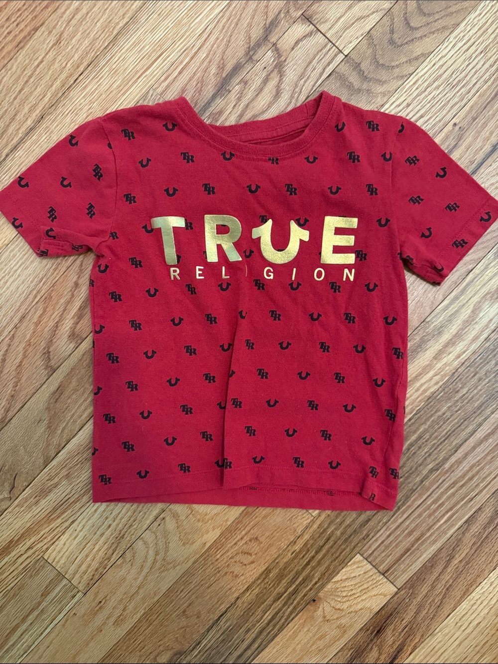 True Religion Red Tee with Gold Logo and Mini Black Print